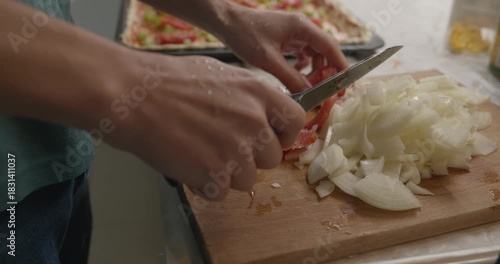 Man is Cooking Preparing Food Homemade Pizza on Kitchen. 4K 10-bit