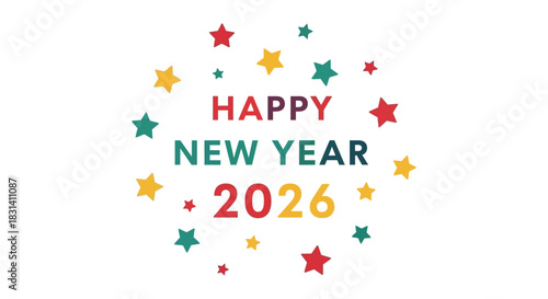 Happy new year 2026 greeting card design with colorful star element isolated on