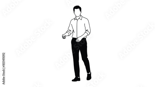 Black and white line art illustration of a man in a collared shirt and dark pants walking