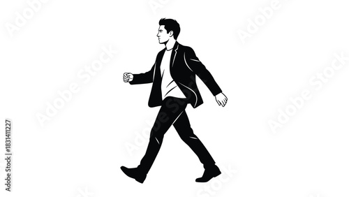 Black and white illustration of a businessman walking confidently in profile view