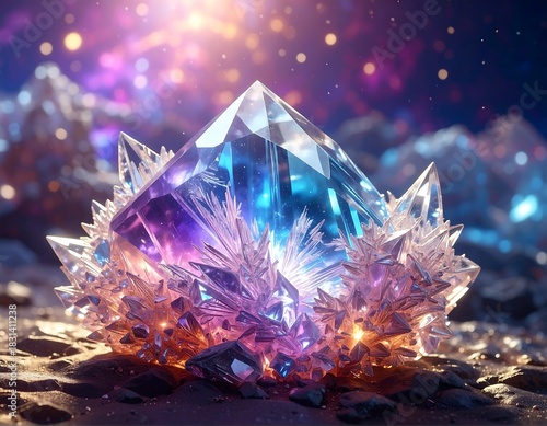 Giant, faceted gem crystal on a rough, rocky surface