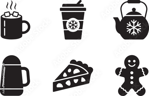 Hot chocolate coffee tea gingerbread man cake thermos winter holiday season beverage illustration graphic vector illustration