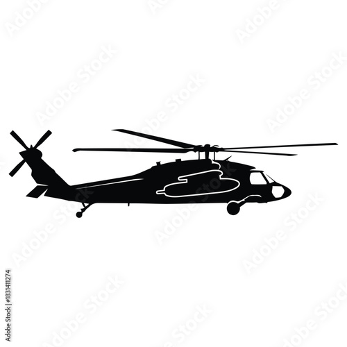 Modern Military Helicopter Silhouette Illustration, Flying Air Transportation Vehicle Design