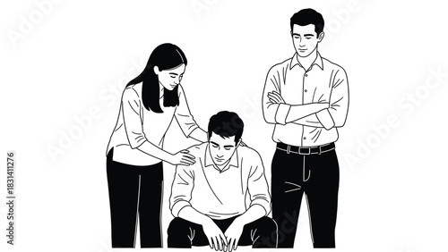 Line art illustration of a sad or depressed man being comforted by a woman while another man stands by with arms crossed