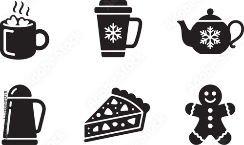 Hot chocolate coffee tea gingerbread man cake thermos winter holiday season beverage illustration graphic vector illustration