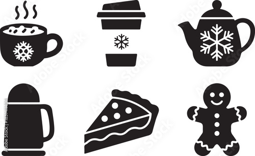 Hot chocolate coffee tea gingerbread man cake thermos winter holiday season beverage illustration graphic vector illustration