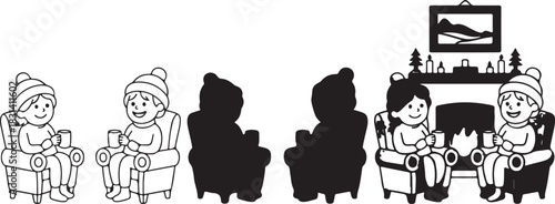 Illustration of people sitting by fireplace, enjoying warm atmosphere and cozy ambiance