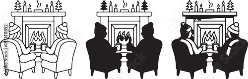 Illustration of people sitting by fireplace, enjoying warm atmosphere and cozy ambiance