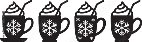 Hot Chocolate Cup Vector Set – Winter Holiday Drink Silhouette Design with Snowflake, Whipped Cream and Straw, Festive Beverage Icon for Christmas and New Year Celebration Art