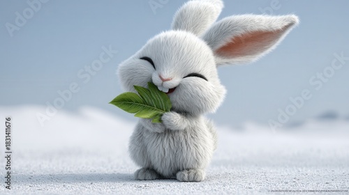 Cute white rabbit happily munching on a green leaf.