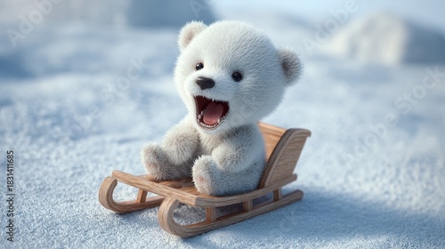 Cute polar bear cub on a wooden sled in a snowy landscape.
