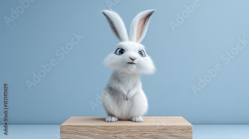 Cute white rabbit with big eyes on wooden pedestal against blue backdrop.