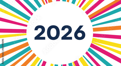 Colorful radial burst design featuring the year 2026 in the center