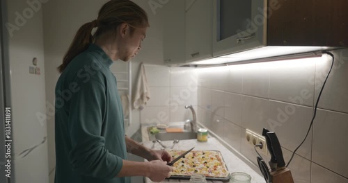 Man is Cooking Preparing Food Homemade Pizza on Kitchen. 4K 10-bit