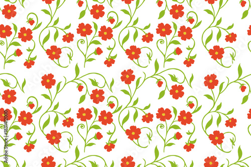 Seamless floral pattern featuring bright red blossoms and flowing green vines on a clean white background, creating a lively and elegant botanical design.

