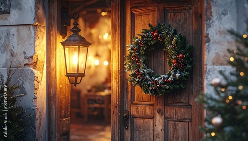 クリスマスのおしゃれなカフェ　リースのある入り口・玄関