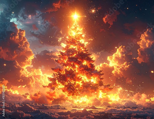Glowing celestial holiday tree amid fiery clouds and starlight