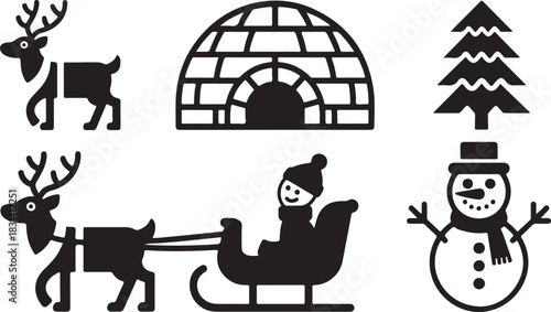 Joyful winter holiday scene silhouette with reindeer, sleigh, igloo, snowman and pine tree