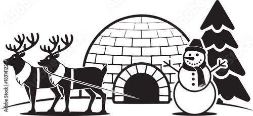 Joyful winter holiday scene silhouette with reindeer, sleigh, igloo, snowman and pine tree