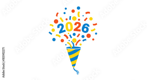 Happy new year 2026 celebration with confetti exploding from party popper isolated on