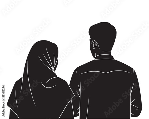 Muslim couple silhouette back view. Man and woman in hijab standing together. Islamic marriage, family, and ramadan kareem vector illustration.
