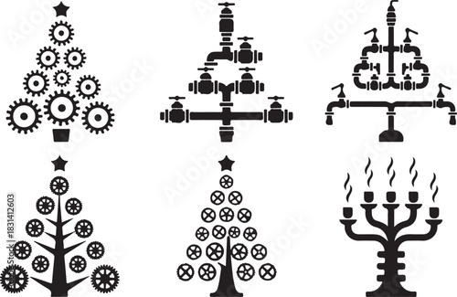 Mechanical Christmas tree silhouettes, industrial holiday design, gear and pipe decorations, festive engineering art, creative steampunk style seasonal illustration vector