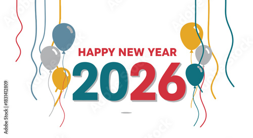 Happy new year 2026 celebration greeting card with balloon