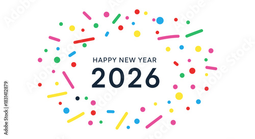 Happy new year 2026 celebration text with colorful confetti isolated on