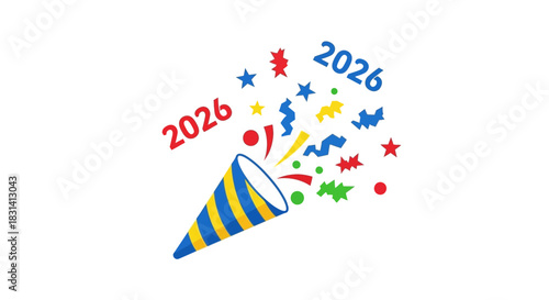 Colorful party popper exploding with confetti and year 2026 isolated on