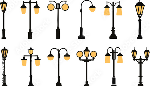 Set of streetlights black silhouette isolated on transparent background. Collection of modern and vintage streetlights. Elements for landscape construction.