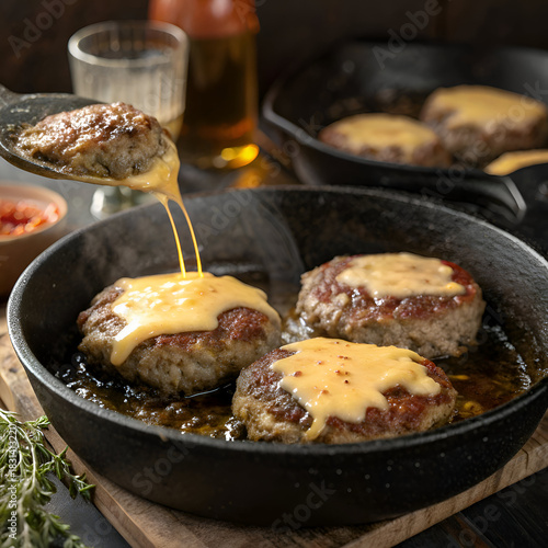 Gourmet Cast Iron Burgers: Melting Cheese on Sizzling Patties in Skillet Prep on transparent background