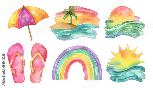 Summer Relaxation Watercolor Set with Tropical Elements and Splashes of Color