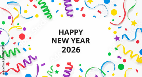 Happy new year 2026 greeting card with colorful confetti and streamer