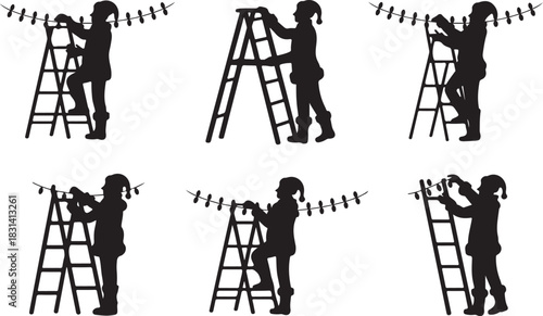 People in silhouette decorating with christmas lights on ladders silhouette