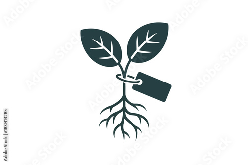 Dark Teal Silhouette of a Seedling with Roots and a Tag on White Background plant sprout