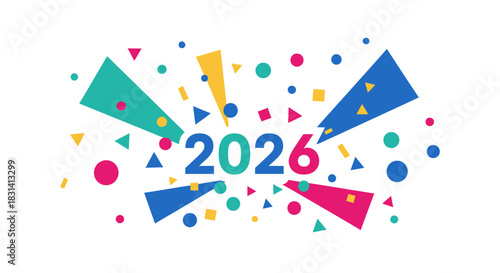 Happy new year 2026 celebration with colorful confetti and shapes isolated on