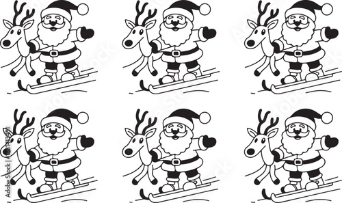 Reindeer pulling skier in winter landscape, silhouette and cartoon styles, festive holiday scene, snow sports, Christmas, Nordic tradition, fun
