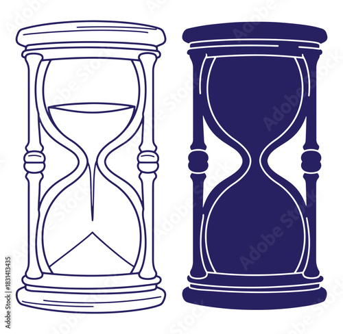 Detailed outline illustration of two hourglasses symbolizing time passing and concepts of duration
