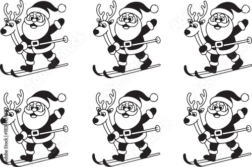 Reindeer pulling skier in winter landscape, silhouette and cartoon styles, festive holiday scene, snow sports, Christmas, Nordic tradition, fun