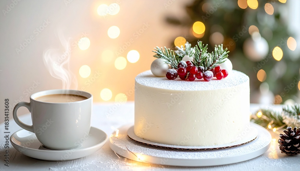 Fototapeta premium 白いクリスマスケーキとコーヒー クリスマスツリー