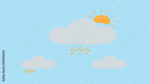 Sunny Day With Clouds And Lightning Symbols Over Blue Sky For Weather Concept