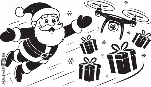 Santa Claus flying with a drone to deliver gifts during Christmas