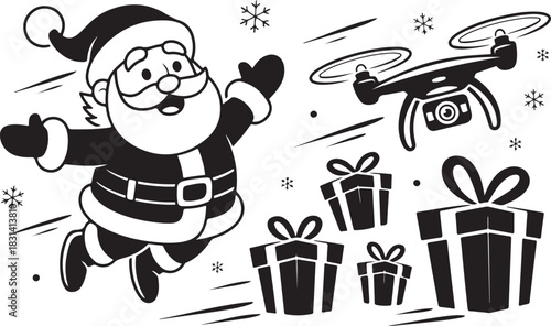 Santa Claus flying with a drone to deliver gifts during Christmas