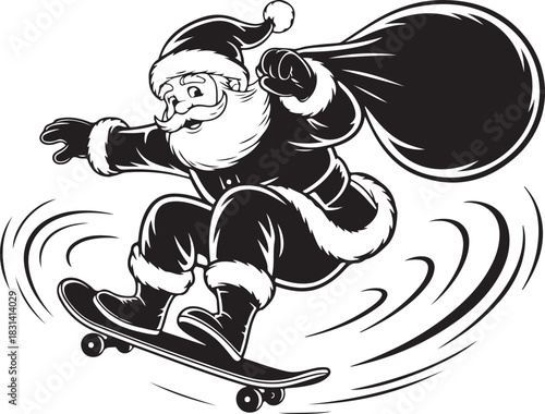 Santa Claus in silhouette performing a skateboard trick with a gift bag