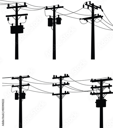 Flat vector illustration of utility poles with transformers, insulators, crossarms, power lines, urban electrical infrastructure silhouette