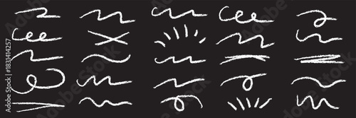 Hand drawn marker strokes set. Black paint brush lines, underlines and squiggles. White line and Black Background. EPS 10.
