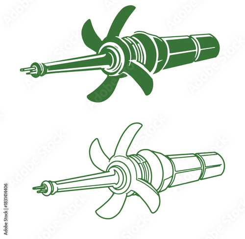 Green vector illustration of a propeller and motorboat engine component on white background