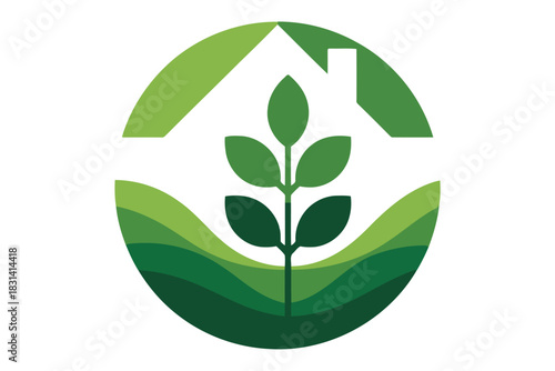 Green house roof and plant sprout inside oval shape with layered green hills vector