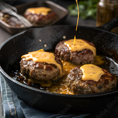 Sizzling Cheeseburger Patties: Melted Cheese & Rich Sauce in Cast Iron Skillet on transparent background