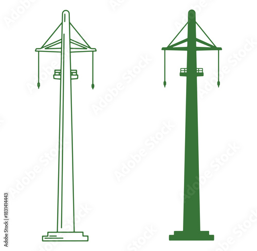Green vector illustration of two identical electric power pylons on white background